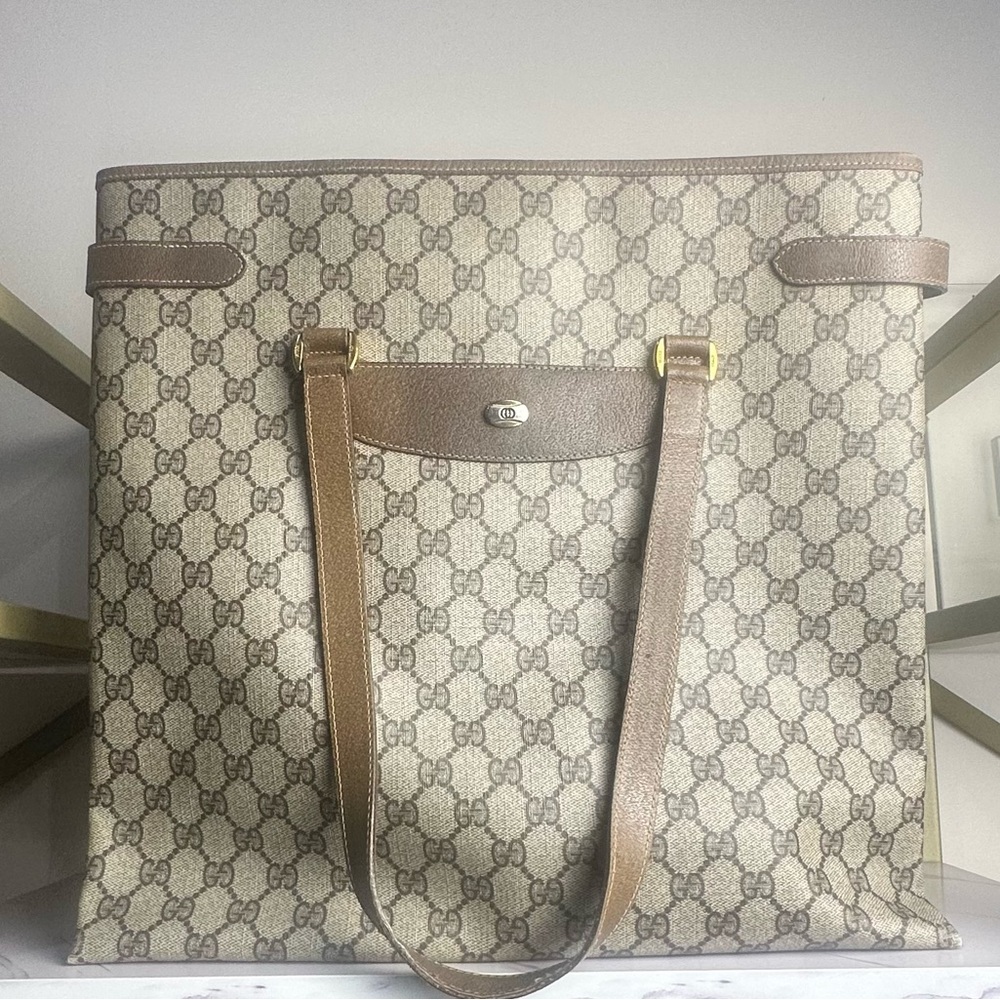 Gucci Brown Leather Trim Tote Bag